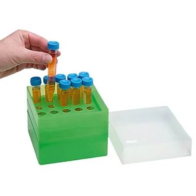 Abbildung von neoLabLine Polypropylen Aufbewahrungsbox mit Verschluss für 15 mL Röhrchen, 5 x Plätze, Grün