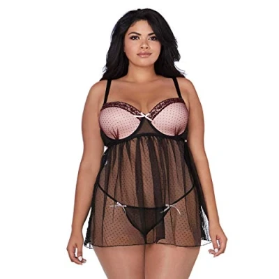 Abbildung von Dreamgirl Damen Plus Size Dot Mesh Underwire with Lace Trim Babydoll Dessous, schwarz, 3X
