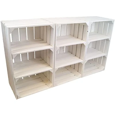 Abbildung von Kistenkolli Altes Land hohe Holzkiste Willi mit Zwei Zwischenbrettern 68x40x30cm HxBxT Schuhregal Bücherregal Nachttisch Weinregal (3er Set, Weiss)