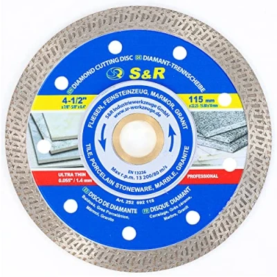 Abbildung von S&amp;R Diamanttrennscheibe in Profie Qualität 115 mm / 7&#039;, superdünner Schneidrand 1.5mm, 115x1.2x10x22.2/20/15.88 mm, Trennscheibe für Fliesen, Feinsteinzeug, Marmor, Granit