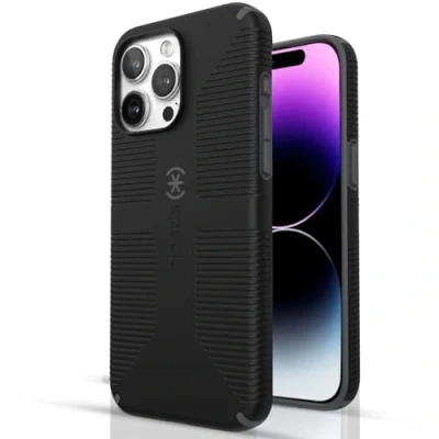 Abbildung von Speck iPhone 15 Pro Max Hülle Gebaut für MagSafe, Fallschutzgriff Kratzfest, weiche Haptik, 6,7 Zoll Handyhülle CandyShell Grip Schwarz/Schiefergrau