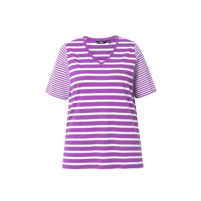 Abbildung von Ulla Popken Ringelmix Vausschnitt Halbarm Tshirt print, Damen, Größe: 46/48, Purple