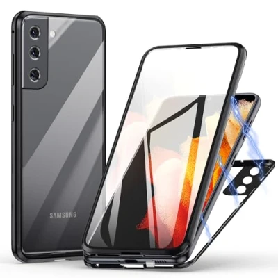 Abbildung von Hülle für Samsung Galaxy S22 5G, Magnetische Adsorption Handyhülle 360 Grad Schutz Aluminiumrahmen mit Gehärtetes Glas, Starke Magneten Stoßfest Metall Flip Case Cover schwarz