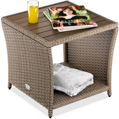 Abbildung von Casaria® Beistelltisch Creme Wetterfest Klein Holz Polyrattan Akazie 45x45x40cm 80kg Belastbarkeit Outdoor Tisch Gartentisch Balkontisch Gartenmöbel