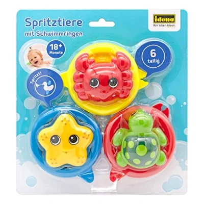 Abbildung von Idena Badespielzeug Spritztier Set mit Schwimmringen 6 teilig, Wasserspielzeug Badewannenspielzeug