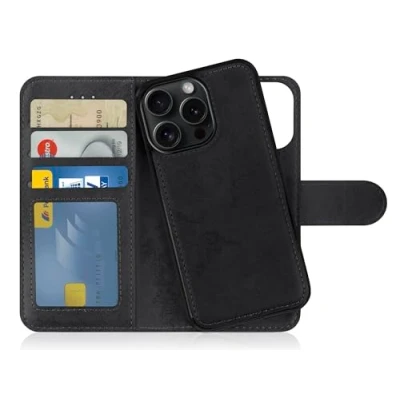 Abbildung von MyGadget Flip Case für iPhone 15 Pro Max [ abnehmbare Magnet Hülle ] Handyhülle aus Kunstleder Klapphülle mit Kartenfach Schutzhülle in Schwarz