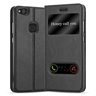 Abbildung von Cadorabo Hülle kompatibel mit Huawei P10 LITE Sichtfenster aus Kunst Leder Flip Klappbare Stoßfeste Magnetische [Standfunktion] [Kartenfächern] Cover für Tasche in Schwarz