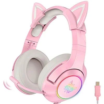 Abbildung von Gaming Headset Pink, Niedliches Katzenohr Headset, 7.1 Surround Sound Mit Einstellbarer Geräuschunterdrückung, Led licht, Einziehbarem Mikrofon Und Abnehmbarem