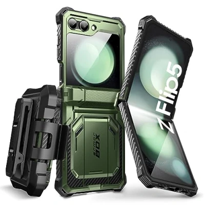 Abbildung von i Blason Armorbox Series für Samsung Galaxy Z Flip 5 Hülle (2023) mit integriertem Displayschutz, Ständer und Gürtelclip, Robust Handyhülle Scharnierschutz Bumper Case (Grün)