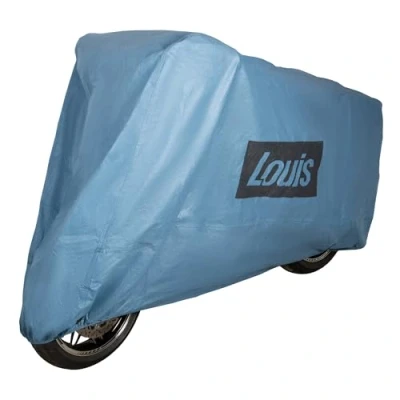 Abbildung von Louis Motorrad Abdeckhaube Sky, wasserdichte Abdeckplane Outdoor, Atmungsaktive Motorradabdeckung, mit Gummizug, Inklusive Transporttasche Kompatibel Kettenschloss, Blau, L