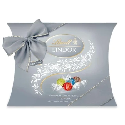 Abbildung von Lindt Schokolade LINDOR Mischung Silber Ca. 26 Kugeln mit zartschmelzender Füllung in den Sorten Milch, Caramel &amp; Salz, Pistazie, Double Chocolate Pralinen Geschenk Schokoladengeschenk, 325g