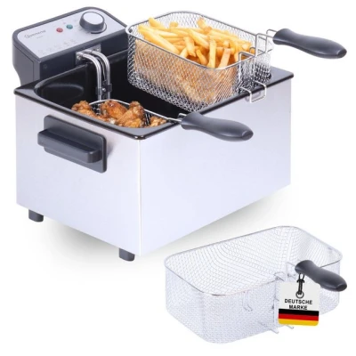 Abbildung von Sommertal XXL Doppel Fritteuse mit Öl oder Fett 3 Körbe, 5 Liter, 3000 Watt, Kaltzone, DF3270 echte Edelstahl für knusprige Pommes