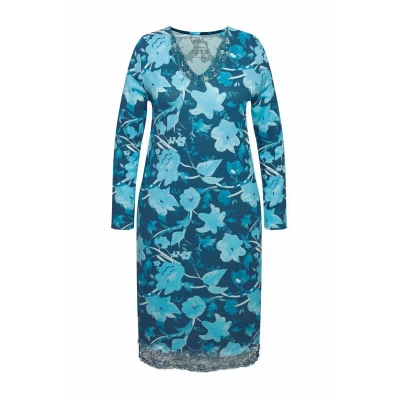 Abbildung von Ulla Popken Floral LONG Sleeve Nachthemd, Damen, Größe: 42/44, Dark teal