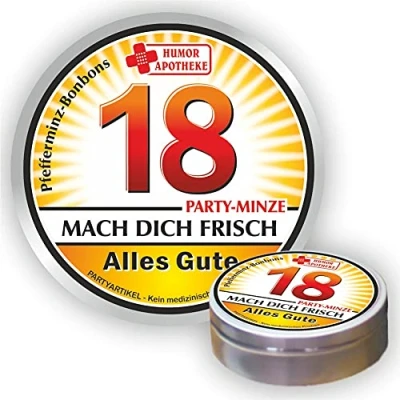 Abbildung von Pfefferminz Bonbon Metalldose Zum 18. Geburtstag, mach dich frisch Alles Gute Soforthilfe Humorapotheke Spaßmedizin Humormedizin Pfefferminzdragees Dose Blechdose Pillendose