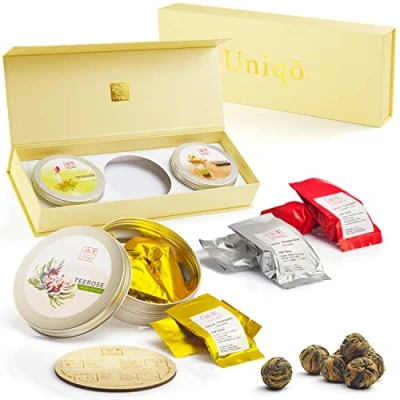 Abbildung von TEA Uniqo Teeblumen Geschenkset mit 18 Teerosen Originelles Tee Geschenk Grüntee, Schwarztee, Weißer Geschenke für Frauen