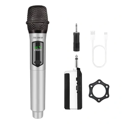 Abbildung von talomen Professionelles kabelloses Mikrofon, 2,4 GHz, Karaoke, dynamisch, wiederaufladbar, mit Empfänger, 160 m Extern, für Singen, Partys, Abend, DJ, Kirchen,Reden, K60 1 silbrig