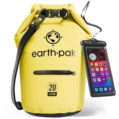 Abbildung von Earth Pak Torrent Serie Dry Bag wassersdichte Tasche mit verstellbarem Schultergurt und wasserfester Handyhülle Ideal beim Kajak Fahren Angeln Rafting Gelb 20L