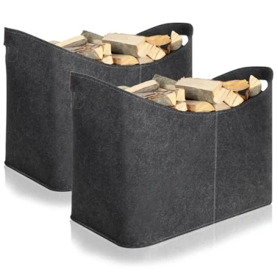 Abbildung von com four® 2X Filz Tasche XXL für den Einkauf, Zeitungen, Papier, Spielzeug, Picknick oder Strand robust aus dickem perfekte Kaminholz Brennholz (02 Stück anthrazit 54x30cm)