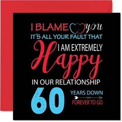 Abbildung von Stuff4 Lustige Diamant Jubiläumskarte für Ehemann, Ehefrau Your Fault I&#039;m Extremely Happy 60th Wedding Anniversary Karte Partner, 145 mm x Grußkarten 60. Jubiläen