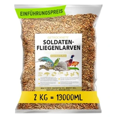 Abbildung von Soldatenfliegenlarven getrocknet 2kg (entspricht 13 Litern), Black Soldier Flys, Vogelfutter, Igelfutter mit Insekten, Fischfutter, proteinreicher Snack für Reptilien und Schildkröten
