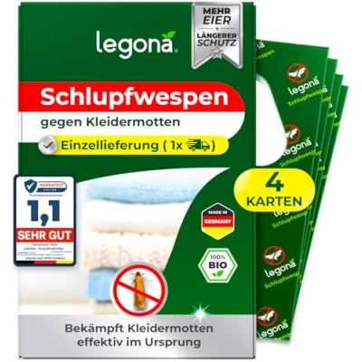 Abbildung von Legona® Schlupfwespen gegen Kleidermotten 4 Karten à 1 Lieferung Effektiv Kleider Motten bekämpfen Alternativer Mottenschutz für Kleiderschrank, Mottenfalle Kleidermotten, Mottenspray