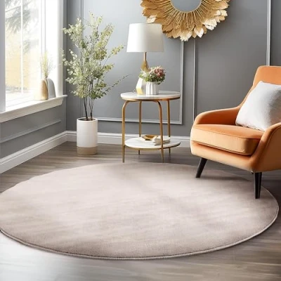 Abbildung von HomebyHome Kurzflor Teppich Wohnzimmer 120 cm Rund Beige Waschbarer für Schlafzimmer, Esszimmer und Ideal als Küchenteppich Flauschiger Extra Weich, Einfarbig, rutschfest, Modern