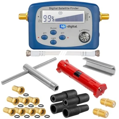 Abbildung von HB Digital XXL Sat Installationsset: digitaler Finder mit Kompass + Abisolierer Montageschlüssel Aufdrehhilfe 8X F Stecker vergoldet 2X Verbinder 4X Gummitülle Wetterschutz Werkzeugset