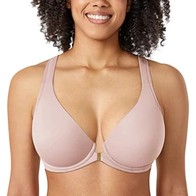 Abbildung von DELIMIRA Damen Vorderverschluss Racerback BH Grosse Grössen Bügel BHS Tiefer Ausschnitt Ungefüttert Vollschalen Rose rauchte 75B