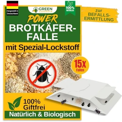 Abbildung von GREEN GUARDIA Brotkäfer Falle mit Spezial Lockstoff 15x Fallen umweltfreundlich bekämpfen, Chemiefreie starker Klebefläche, giftfrei &amp; geruchsneutral