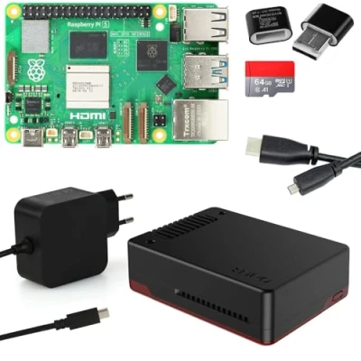 Abbildung von Raspberry Pi 5 8GB Kit Argon NEO BRED Gehäuse mit Lüfter USB C 27W Netzteil 64GB SD Karte 4K Micro HDMI Kabel RAM
