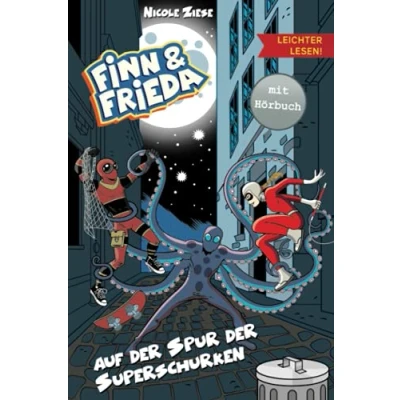 Abbildung von Finn und Frieda auf der Spur Superschurken Leichter lesen mit Hörbuch: Ein spannender Superhelden Roman großer Schrift Silbengliederung