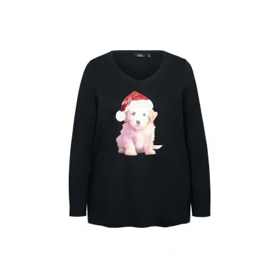 Abbildung von Ulla Popken Damen große Größen Übergrößen Plus Size Weihnachtsshirt, Welpe, A Linie, V Ausschnitt, Langarm