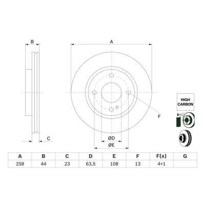 Abbildung von BOSCH 0 986 479 E80 Bremsscheibe 258 23 4 108 Belüftet beschichtet hochgekohlt FORD: KA+ Schrägheck, Limousine