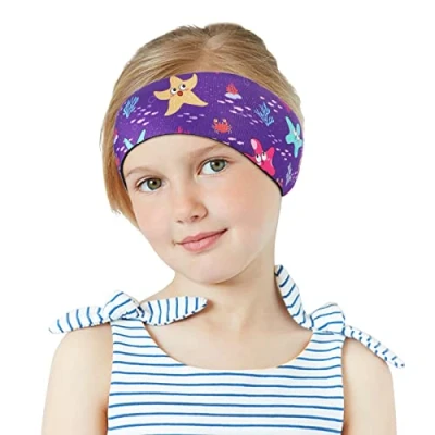 Abbildung von MoKo Schwimmen Stirnband, Neopren Schwimmband Ohrenband Wasserdichtes Kopfband Haarband mit Hohe Elastizität und Klettverschluss Ohrenschutz Band für Kinder Alter 3 9, M Größe Lila Seestern