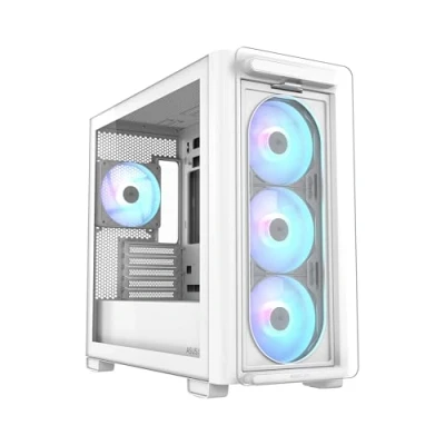 Abbildung von ASUS A21 Plus TG ARGB White Micro ATX Gehäuse, unterstützt Motherboards mit versteckten Anschlüssen, 360 mm Radiatoren und 380 Grafikkarten, 4 vorinstallierte Lüfter, Weiß