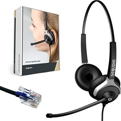 Abbildung von GEQUDIO Headset kompatibel mit Cisco Telefon inklusive RJ Kabel Kopfhörer &amp; Mikrofon Ersatz Polster Anschlusskabel flexibel wechselbar besonders leicht 80g (2 Ohr)