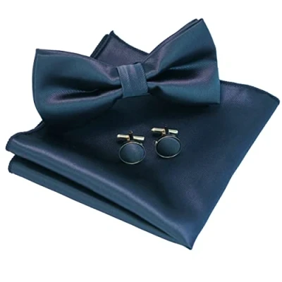 Abbildung von JEMYGINS Einfarbig Fliege und Einstecktuch mit Manschettenknöpfe Sets für Herren,Navy blau