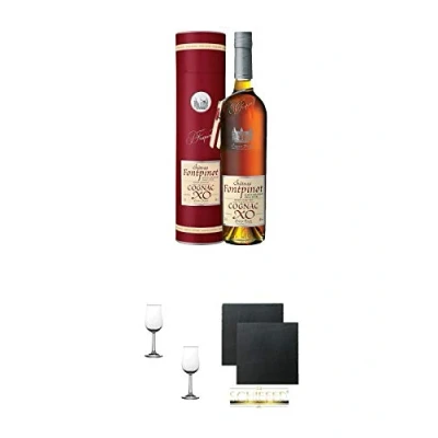 Abbildung von Frapin Fontpinot Cognac XO 0,7 Liter + Nosing Gläser Kelchglas Bugatti mit Eichstrich 2cl und 4cl 2 Stück Schiefer Glasuntersetzer eckig ca. 9,5 cm Ø