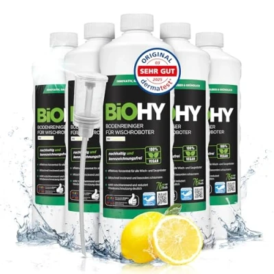 Abbildung von BiOHY Bodenreiniger Für Wischroboter (6 x 1 Liter) + Dosierer Reinigungsmittel Konzentrat alle Wisch &amp; Saugroboter mit Nass Funktion Schaumarm Streifenfrei Böden