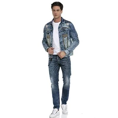 Abbildung von Cipo &amp; Baxx Herren Jeansjacke Destroyed Nieten Denim Used Vintage Übergangsjacke CJ264 Blau L