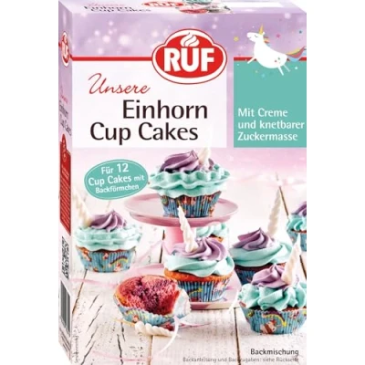 Abbildung von RUF Einhorn Cupcakes, Backmischung für 12 bunte Unicorn Cupcake mit bunter Tortencreme, weißer Fondant ein Zuckerhorn, inkl. Backförmchen, 365g