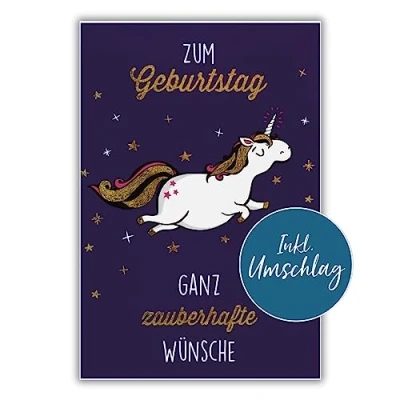 Abbildung von bsb Glückwunsch Karte zum Geburtstag 11,5 x 17,0 cm hochwertige Geburtstagskarte mit Umschlag schöne Geburtstagskarten für Kinder/Frauen &amp; Männer Glückwunschkarte Einhorn