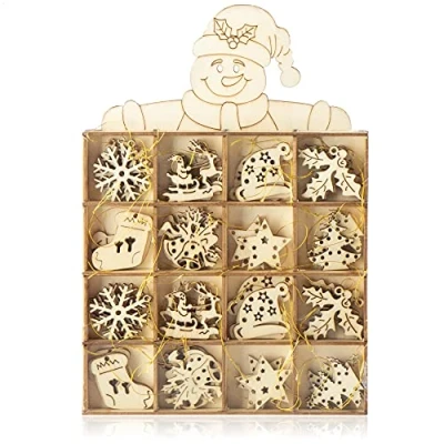 Abbildung von com four® 48 teiliges Tannenbaumschmuck Holz Anhänger Set Weihnachtsbaumschmuck zum Dekorieren für den Weihnachtsbaum Christbaumschmuck (48 Stück Natur)