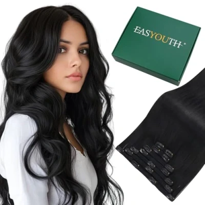 Abbildung von Easyouth Invisible Clip in Extensions Echthaar Schwarz 55cm Günstig Pechschwarz #1 120g 7pcs