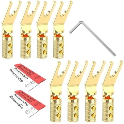 Abbildung von Monosaudio Gabelstecker Lautsprecher Kabelschuhe Y Flachstecker 8 Stück doppelte Schraubverriegelung, max. 4,5 mm, Reines Kupfer Vergoldeter mit Inbusschlüssel und Schrumpfschlauch