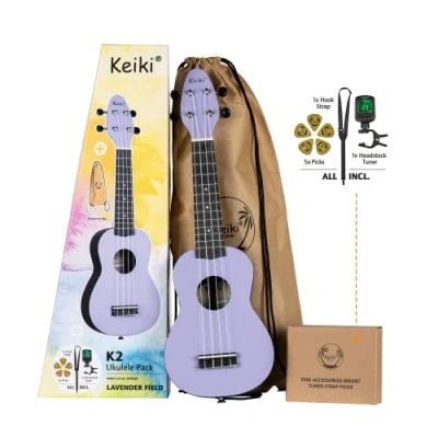 Abbildung von Ortega Guitars Sopran Ukulele violett Keiki K2 Starterkit inklusive Tuner, Gurt, 5 Medium Plektren &amp; Kordelzugtasche pastell/lavender field (K2 LAF)