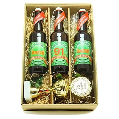 Abbildung von Bier Geschenk zum 91.Geburtstag Geburtstagsgeschenk einundneunzigster Geburtstag Präsentkarton mit und Pokal 91.
