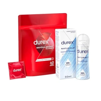 Abbildung von Durex Gefühlsecht Classic Kondome Dünne mit anatomischer Easy On Form &amp; Silikongleitgel befeuchtet 40er Pack + Gratis Naturals Extra Feuchtigkeitsspendend Gleitgel 50ml