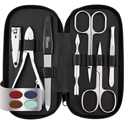 Abbildung von marQus Maniküre Set Herren und Damen 7 Teile mit Nagelzange Solingen Made in Germany für Hand Fußpflege Kunstleder Etui Karbonoptikschicht