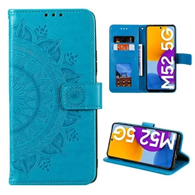 Abbildung von CoverKingz Handy Cover kompatibel mit Samsung Galaxy M52 5G Handyschutz Kartenfach Klapphülle Bookcase Hülle aufklappbar Motiv Mandala Blau